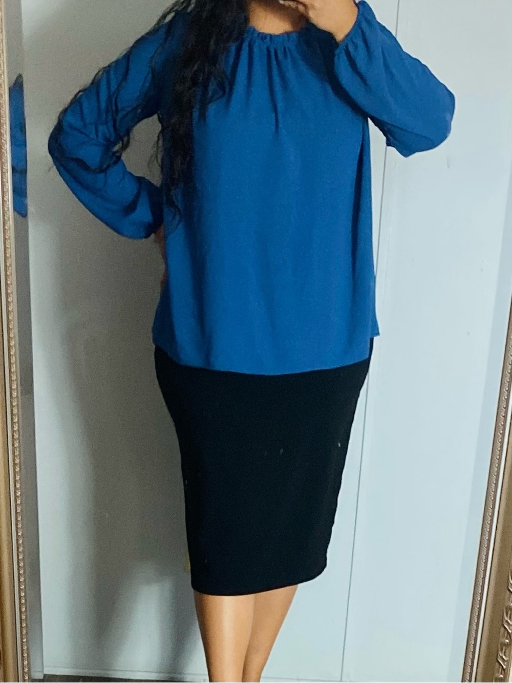Source Unknown Dusty Blue Ruffle-Neck Long Sleeve Blouse - Picture 3 of 5